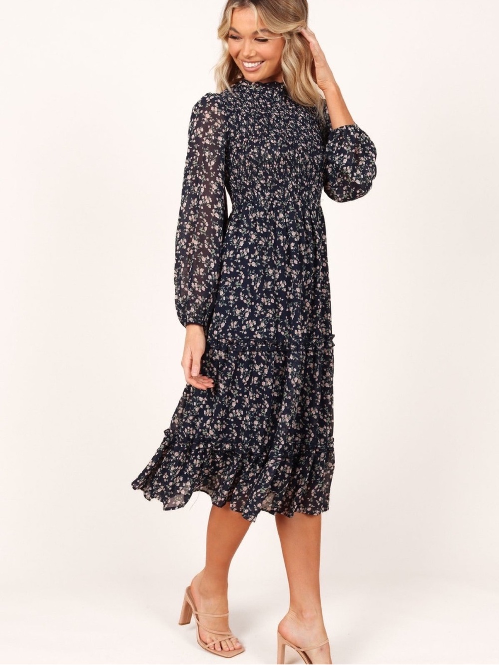 Petal & Pup Edwina Shirred Frill Long Sleeve Midi Dress navy floral